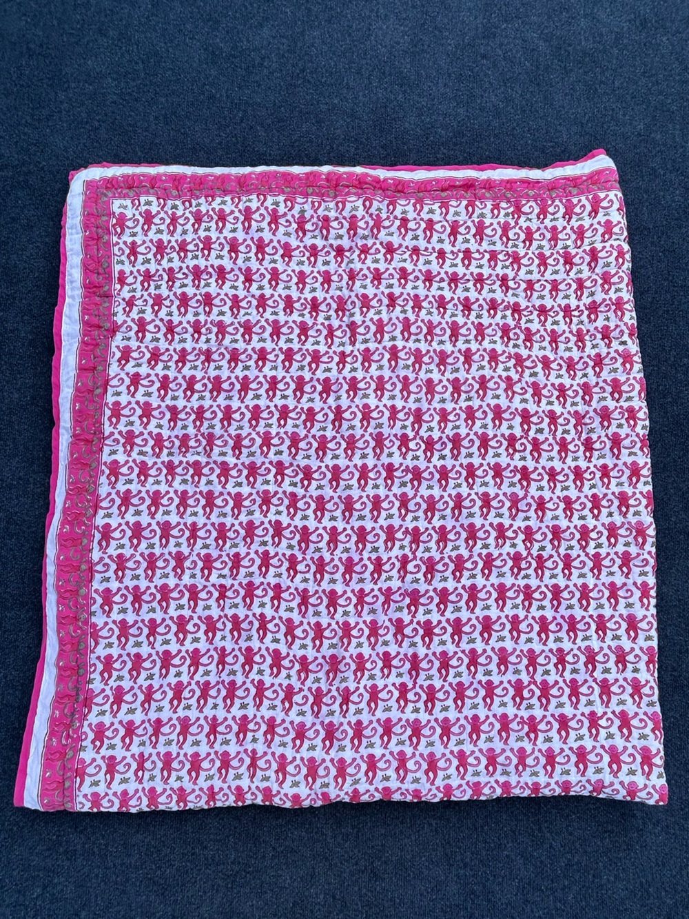 Roberta Roller Rabbit Pink Monkey & Stripe Block Print Cotton Quilt - Full Size - Picture 11 of 14